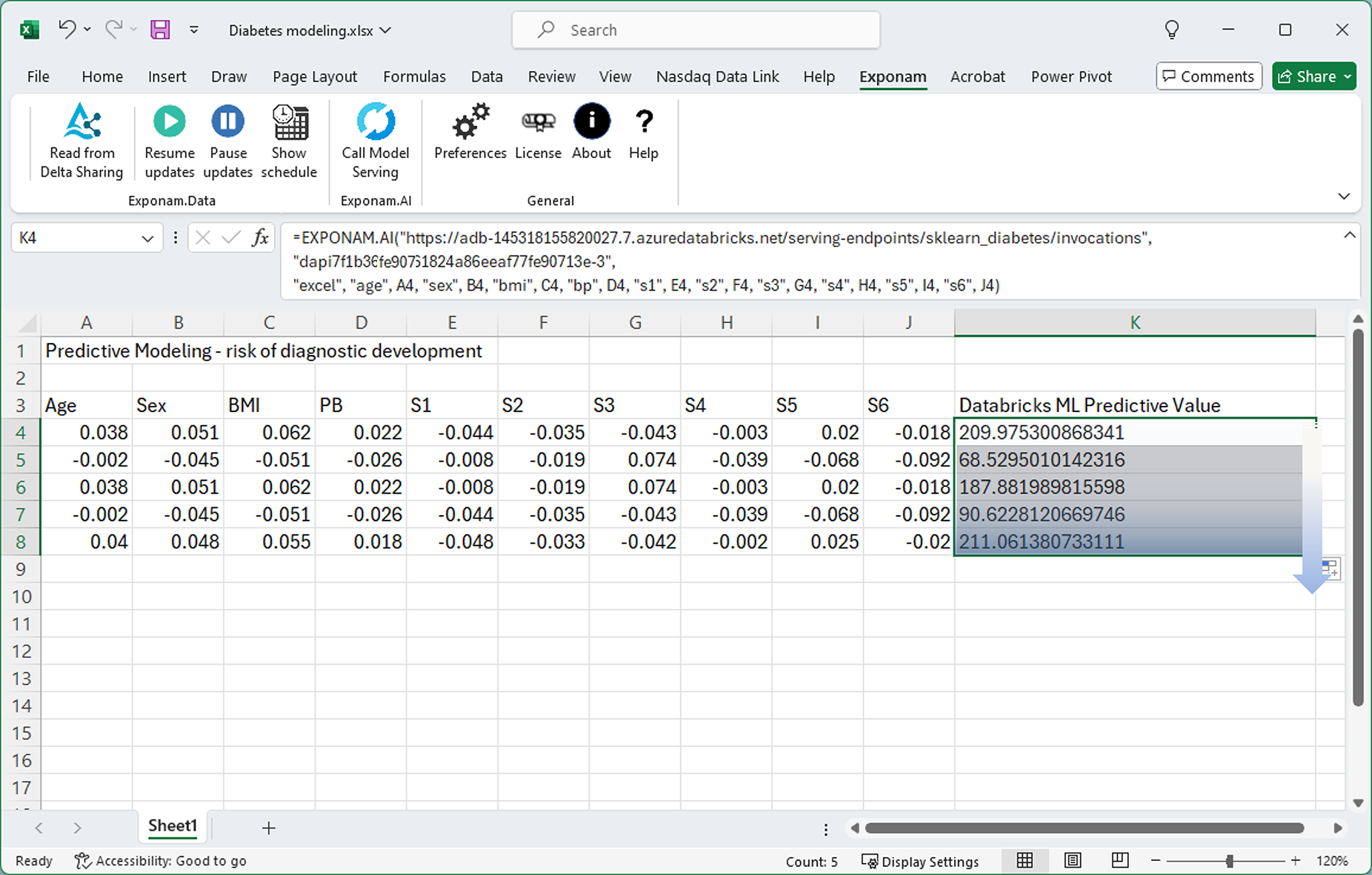 Excel worksheet showing EXPONAM.AI formula calling a Databricks ML serving endpoint with predictive values returned inline